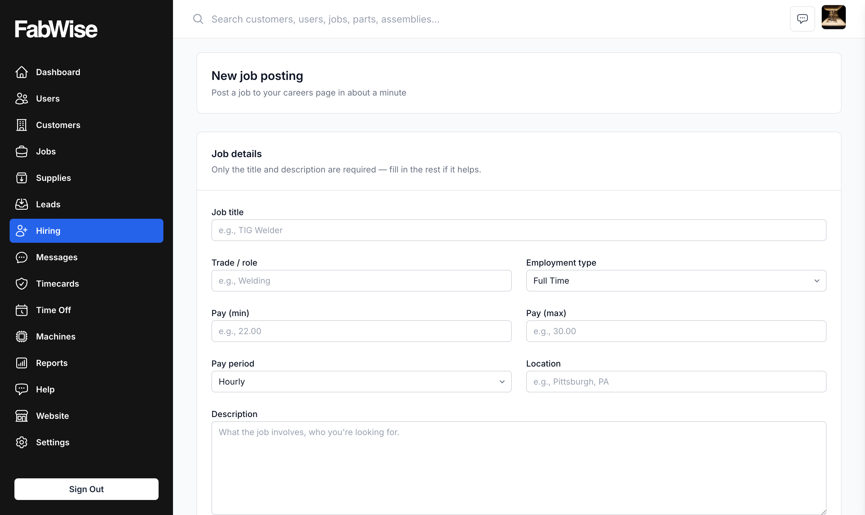 The New job posting form: job title, trade, employment type, pay range, location, and description fields