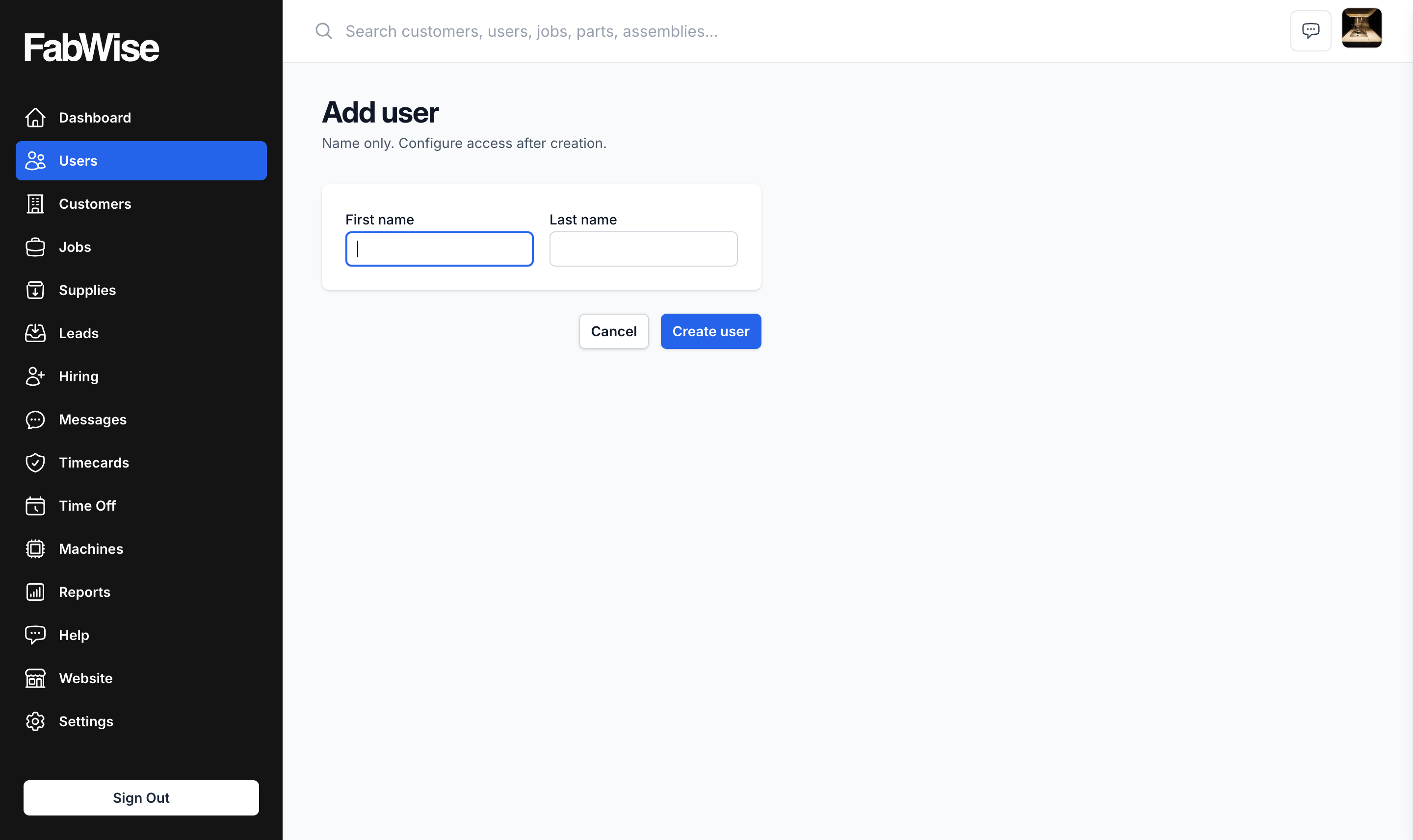The Add user form: first name and last name fields only, with a Create user button — access is configured after creation