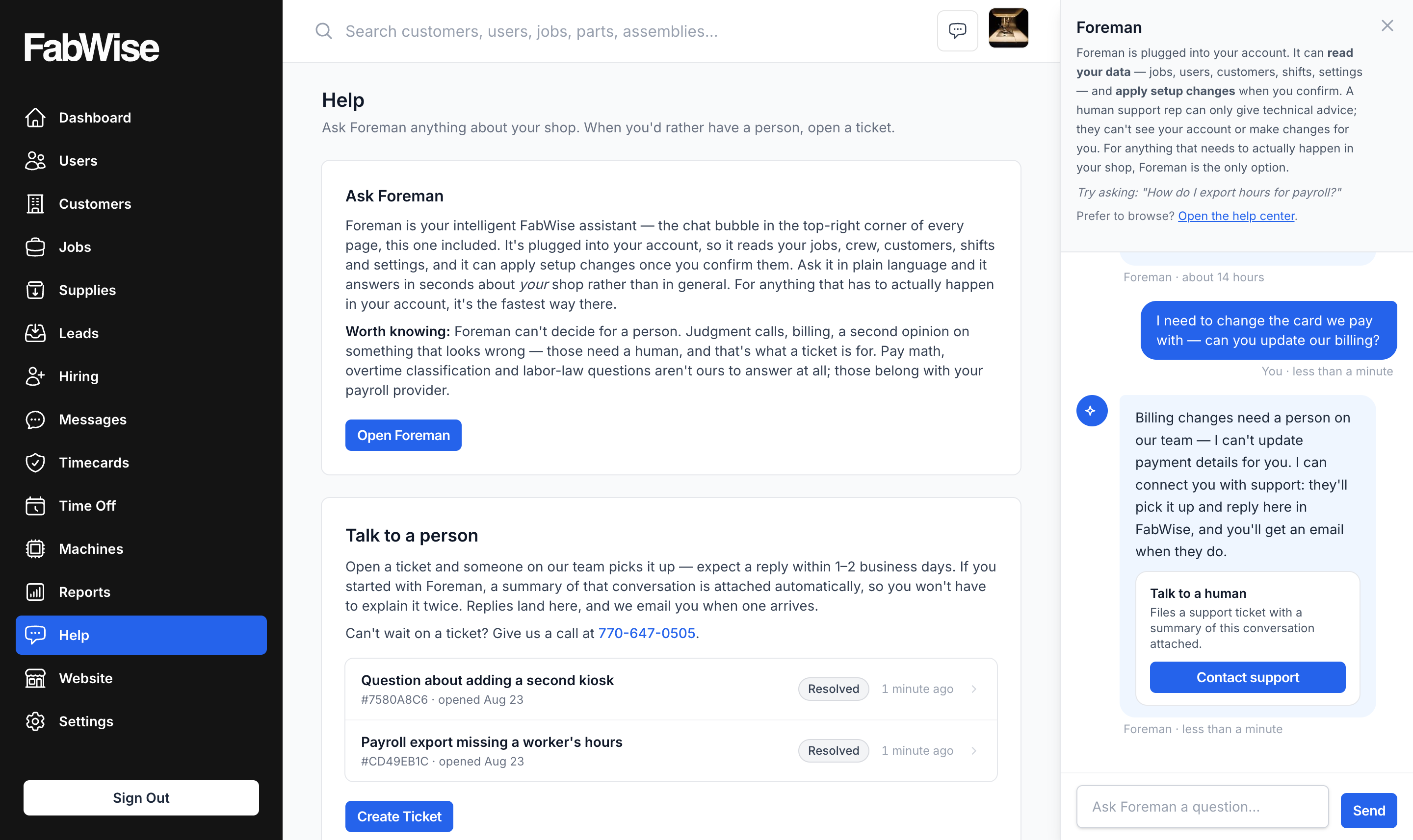 A Foreman conversation in the drawer: Foreman explains that billing changes need a person, and a Talk to a human card sits under the reply with a Contact support button