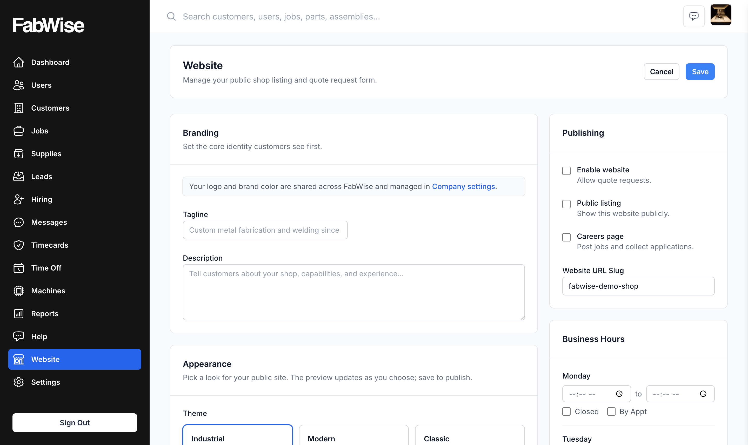 The Website editor: Branding and Appearance on the left, and the Publishing card on the right with its Enable website, Public listing, and Careers page checkboxes