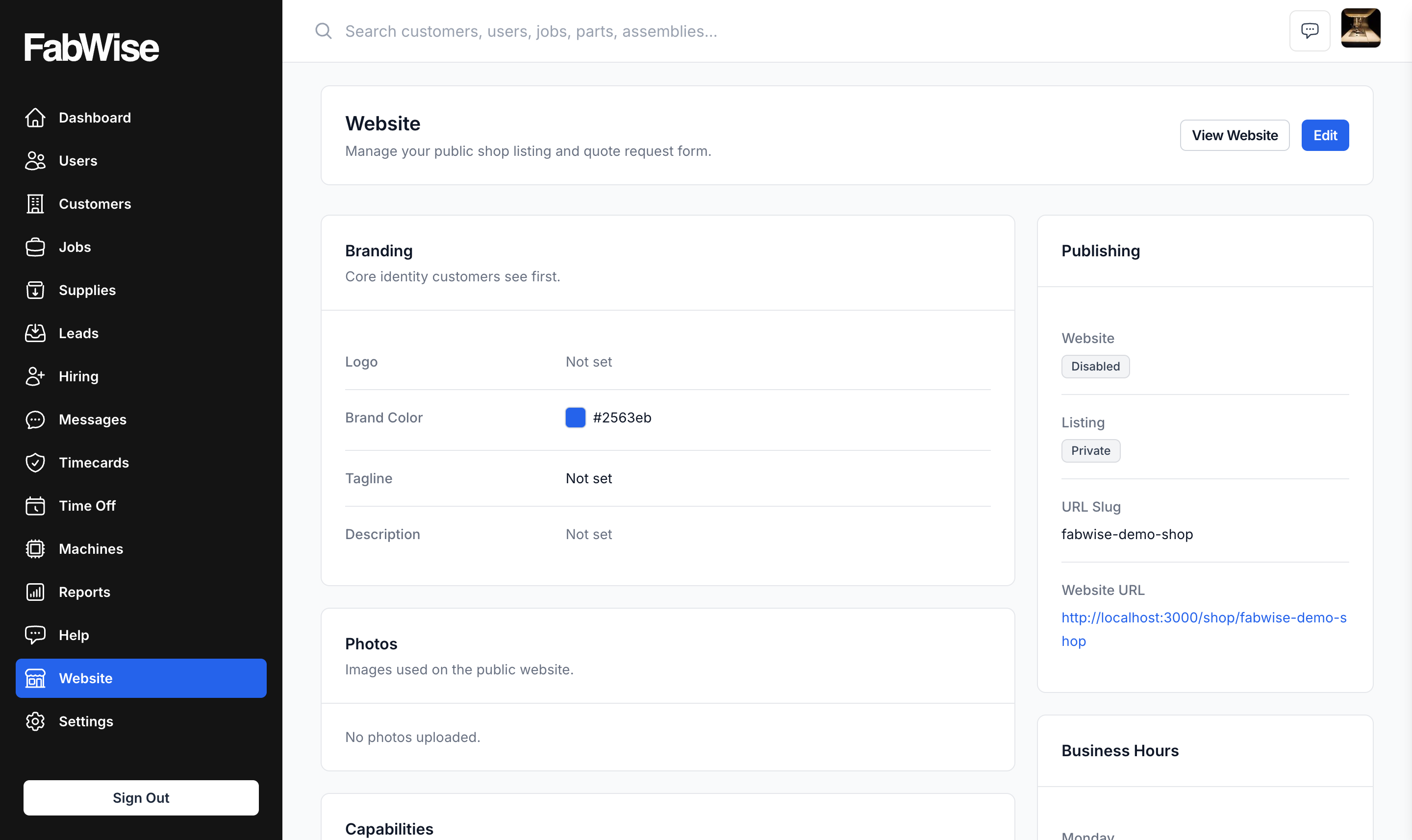 The Website page in admin: Branding, Photos, and Capabilities cards with the Publishing panel on the right, and View Website and Edit buttons at the top