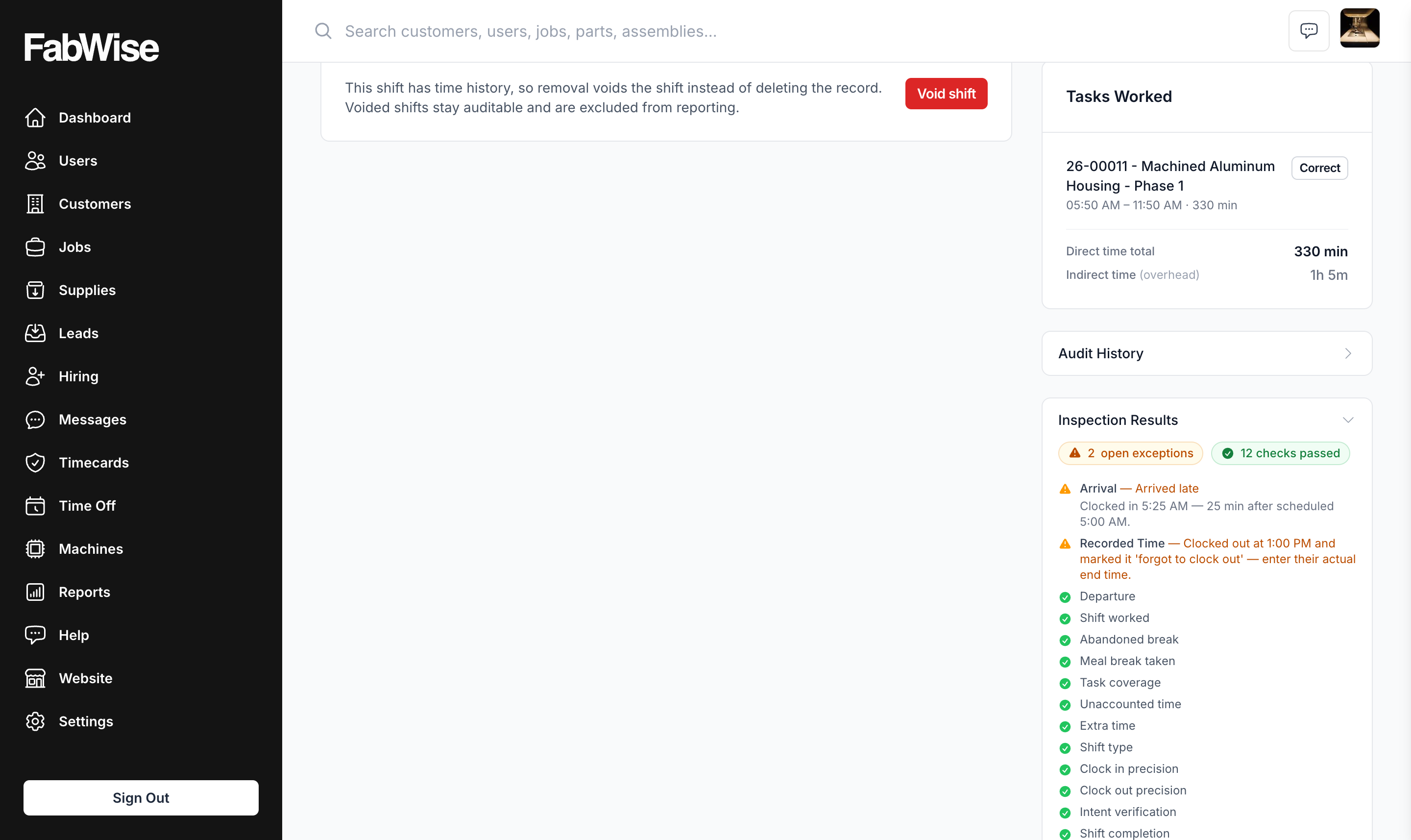 A flagged shift's Inspection Results panel: two open exceptions — an arrived-late arrival and a forgot-to-clock-out recorded time — above the list of checks that passed