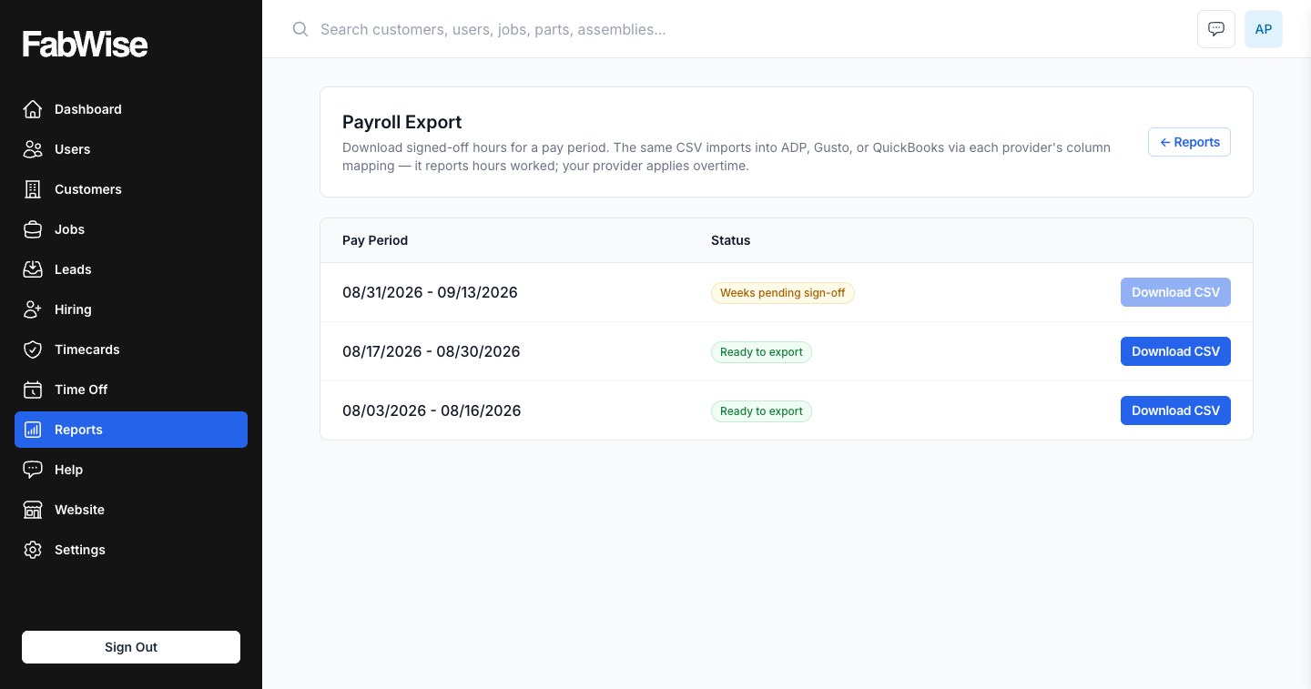 Payroll export screen with pay periods ready to download