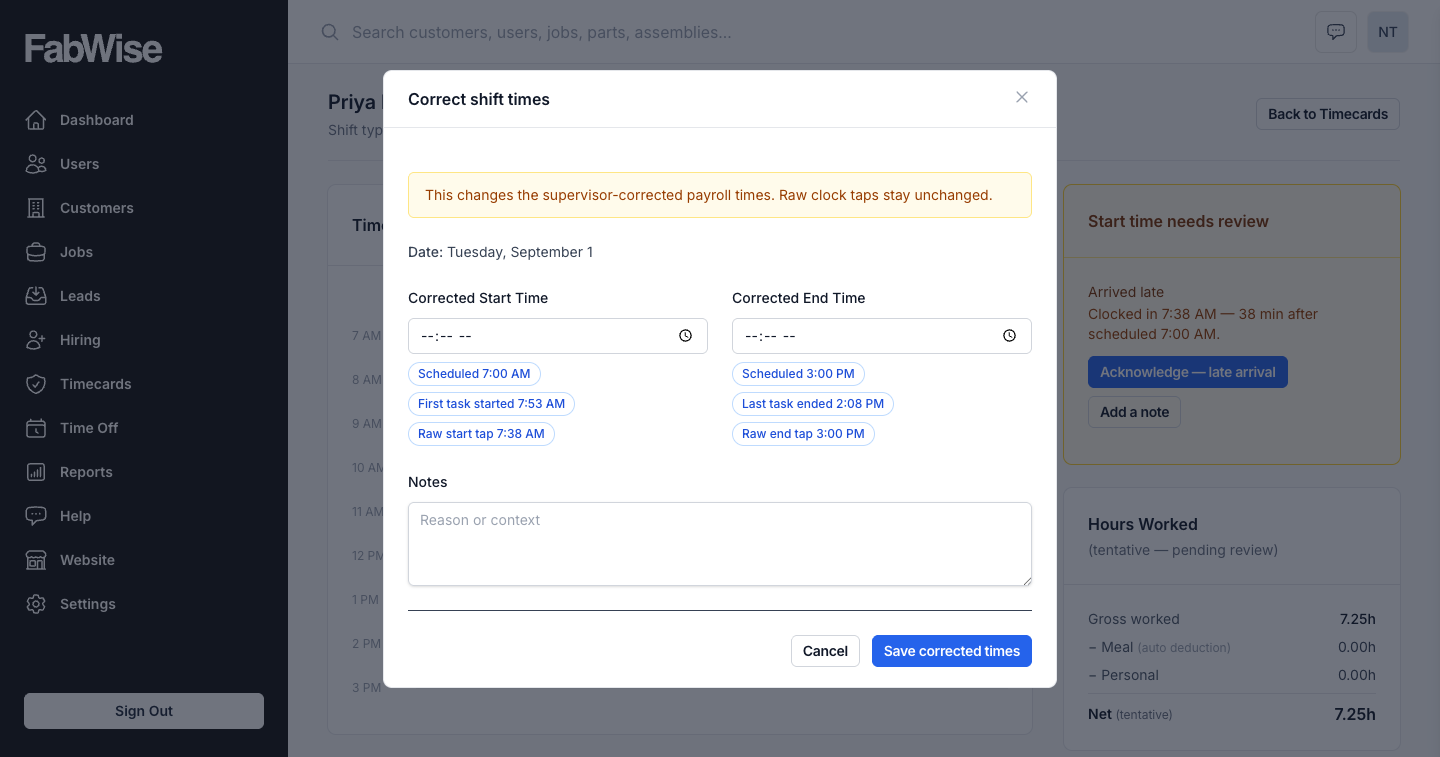 Correcting a shift's times with a note, alongside a notice that raw clock taps are unchanged