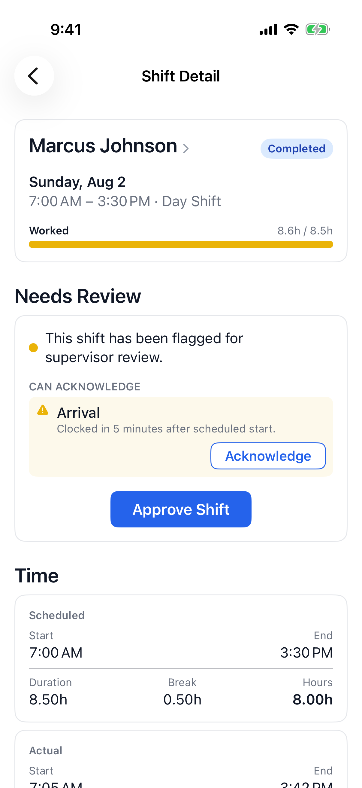 The iOS app review queue showing shifts that need a decision