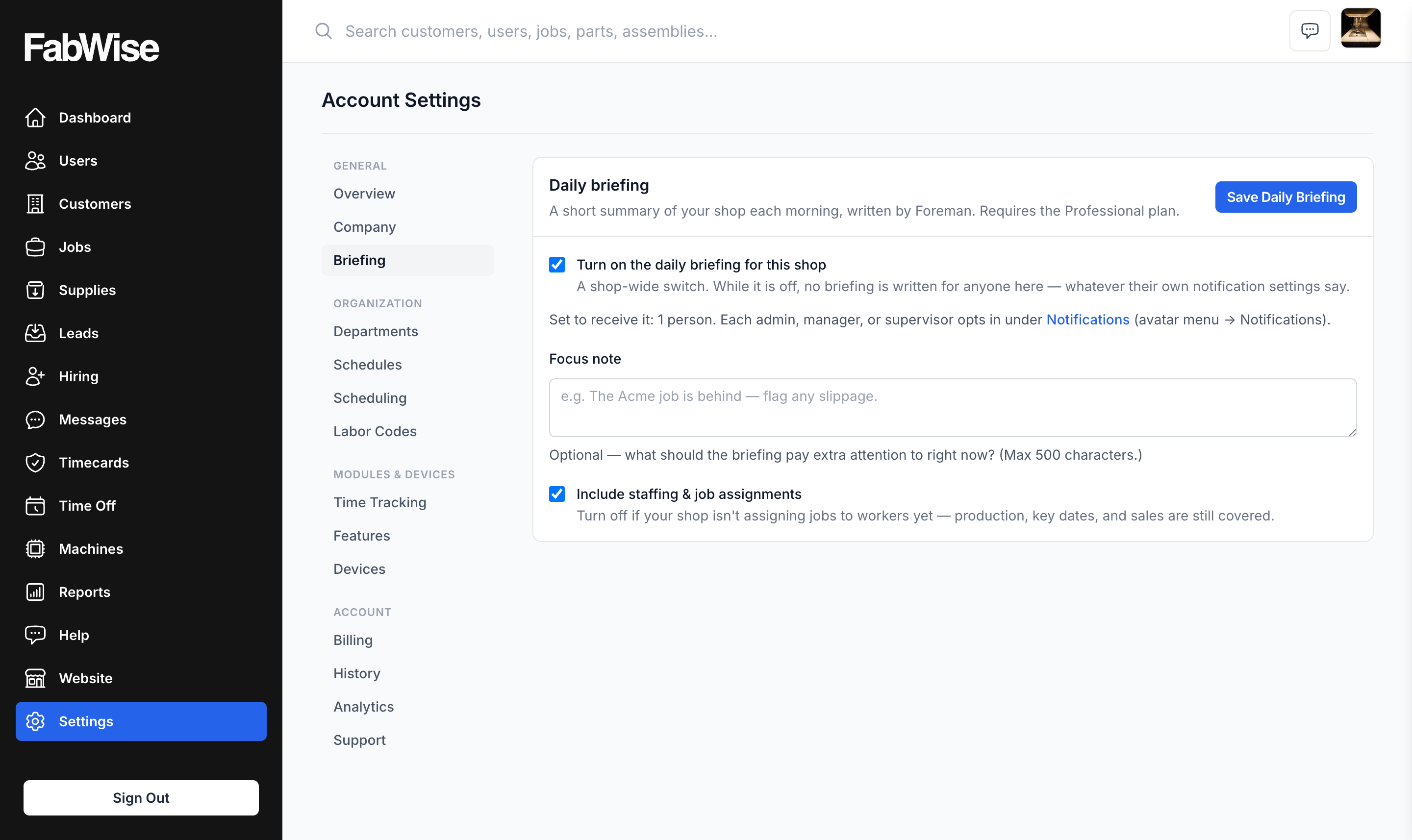 The shop-wide Daily Briefing switch in account settings — no briefing is written for anyone until an admin turns it on
