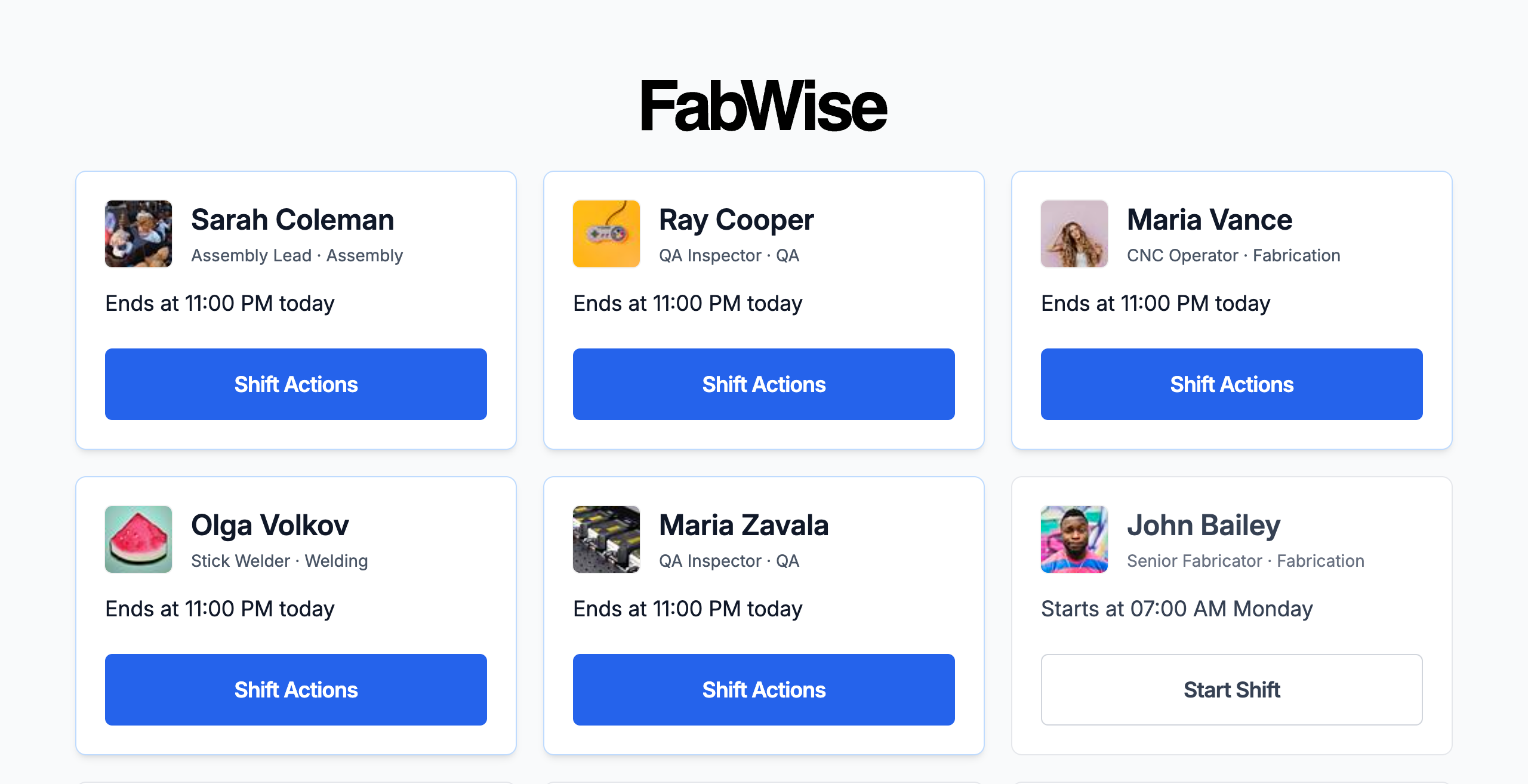 The FabWise kiosk worker list: a card per worker with their title and department, live shift state, and a Start Shift button — tap your name, enter your PIN, and you're on the clock