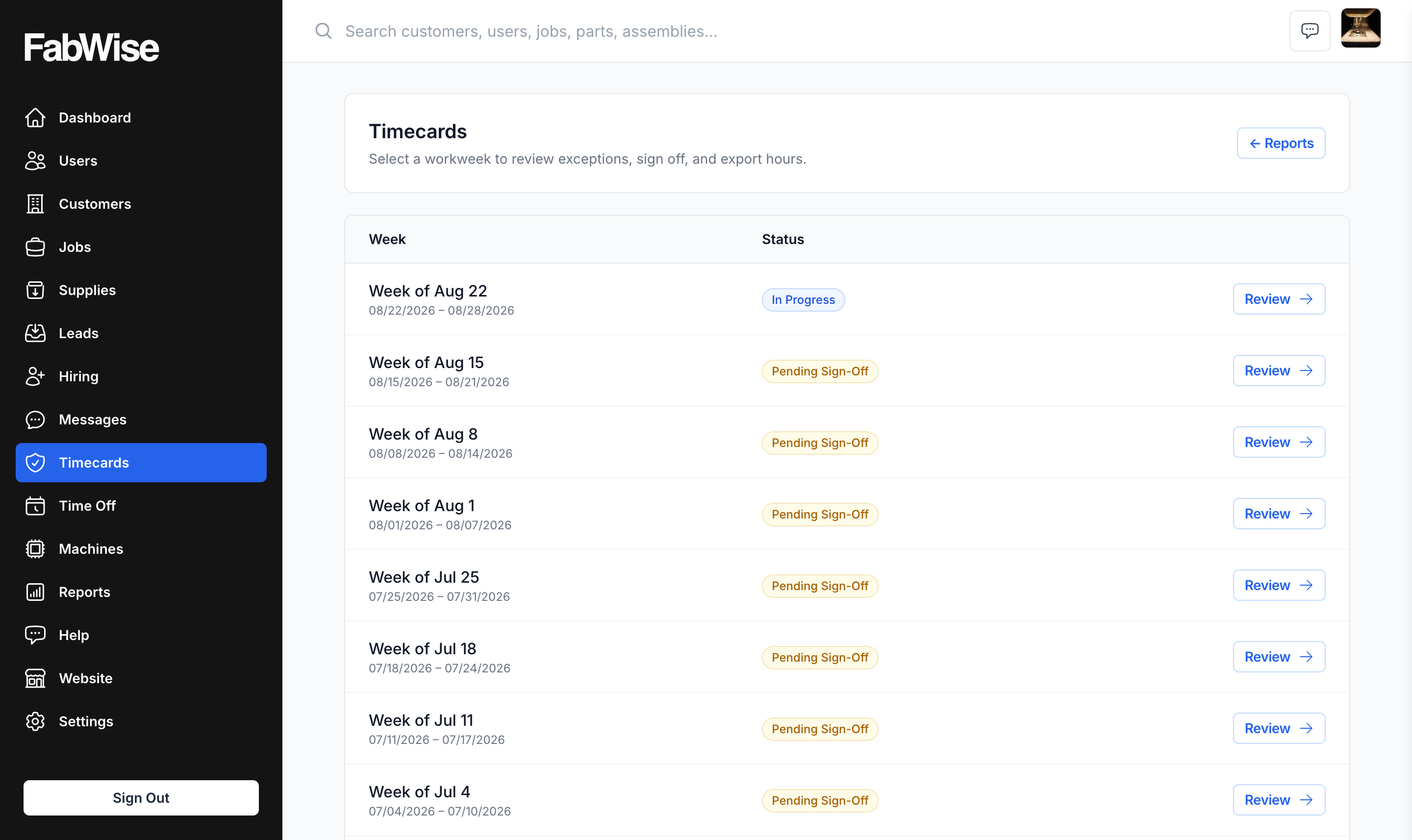 FabWise's Timecards page: a workweek per row with its sign-off status and a Review action — the digital time card rack